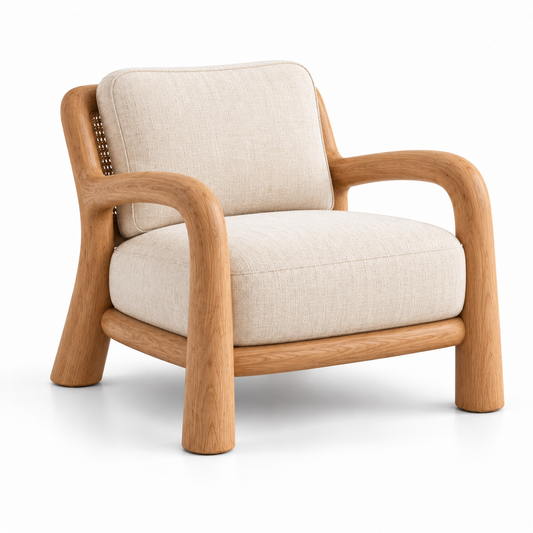 Lune Lounge Chair in solid beech wood with woven cane back and cream cushions
