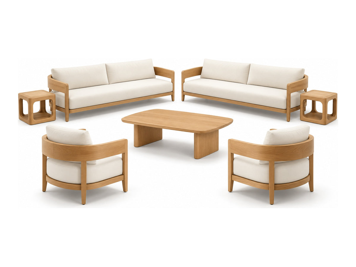 Curve Villa Set: 2 Curve sofas, 2 Curve chairs, Curve coffee table and 2 Wood Sense side tables