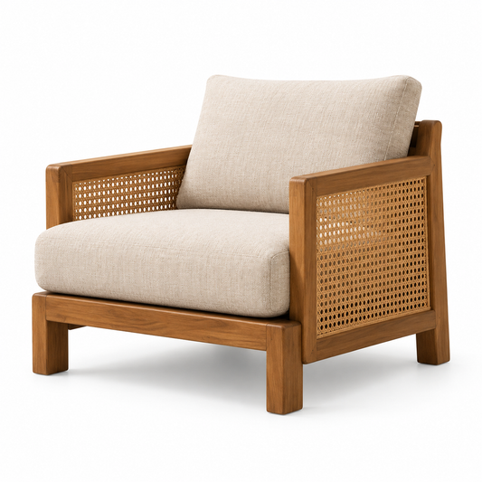 Solas Lounge Chair in solid beech wood with woven cane side panels and cream cushions