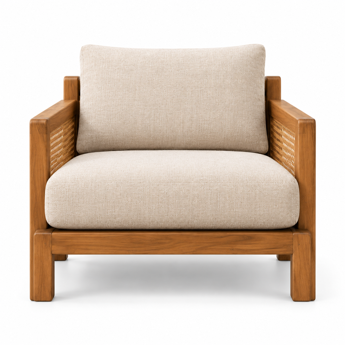 Solas Lounge Chair – solid wood frame with block legs and natural cane