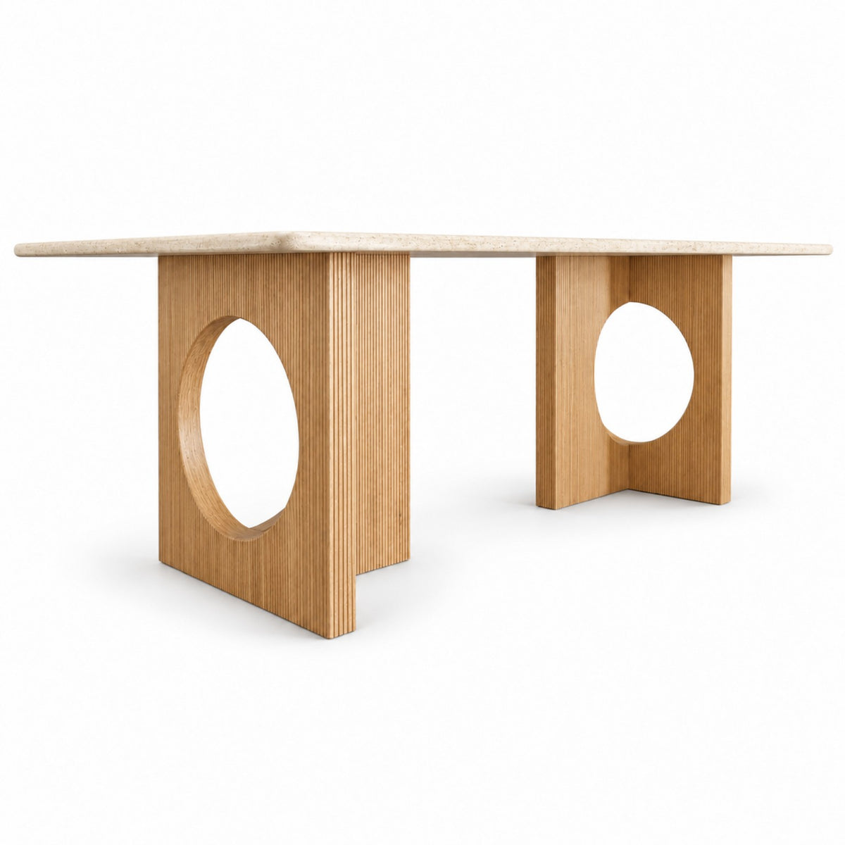 Oculus Dining Table with natural travertine top and sculptural fluted wooden bases