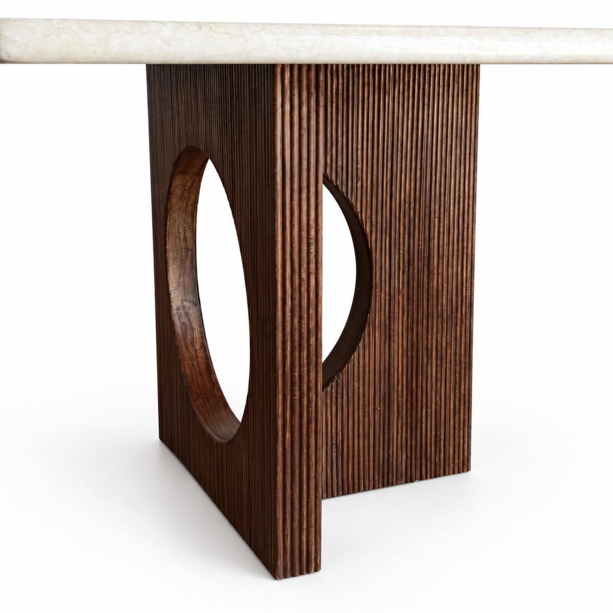 Oculus Dining Table with natural travertine top and sculptural fluted wooden bases