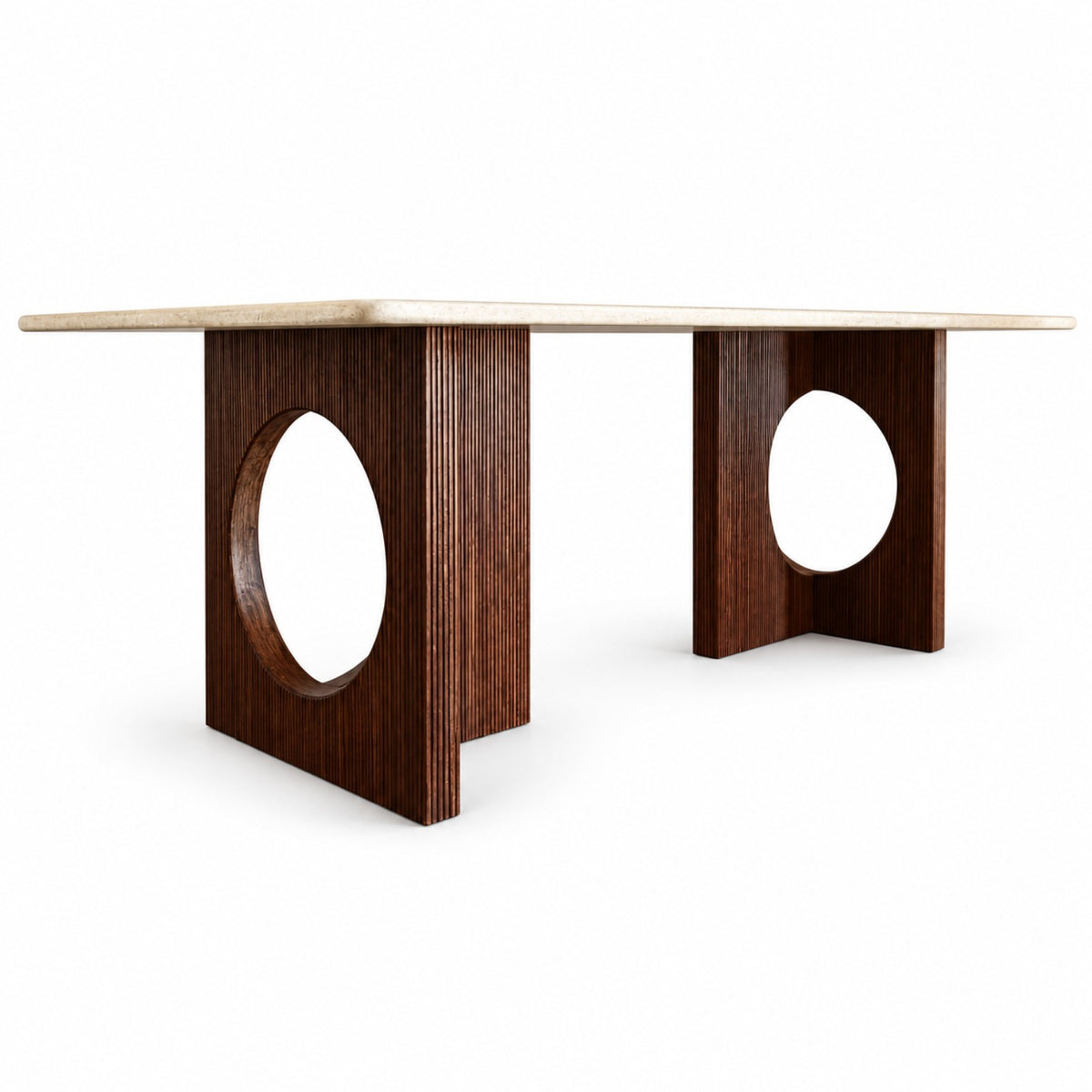 Oculus Dining Table with natural travertine top and sculptural fluted wooden bases