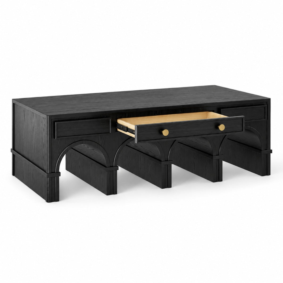 Portico Coffee Table black finish open drawer detail