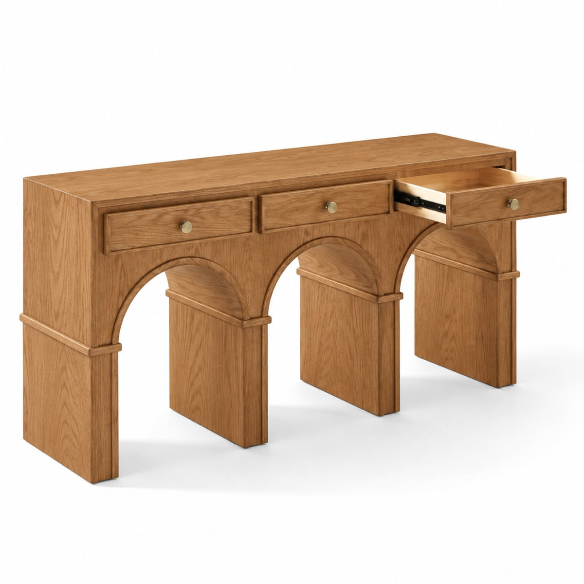Portico console table oak veneer with three drawers and architectural arches