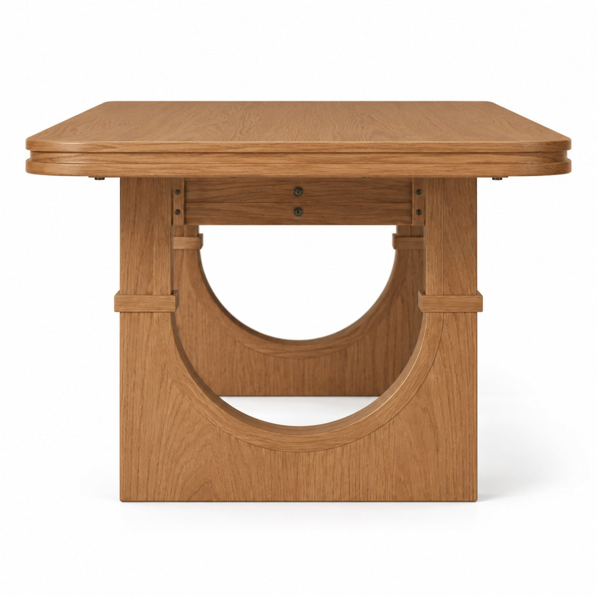 Portico Dining Table end elevation showing architectural curved pedestal
